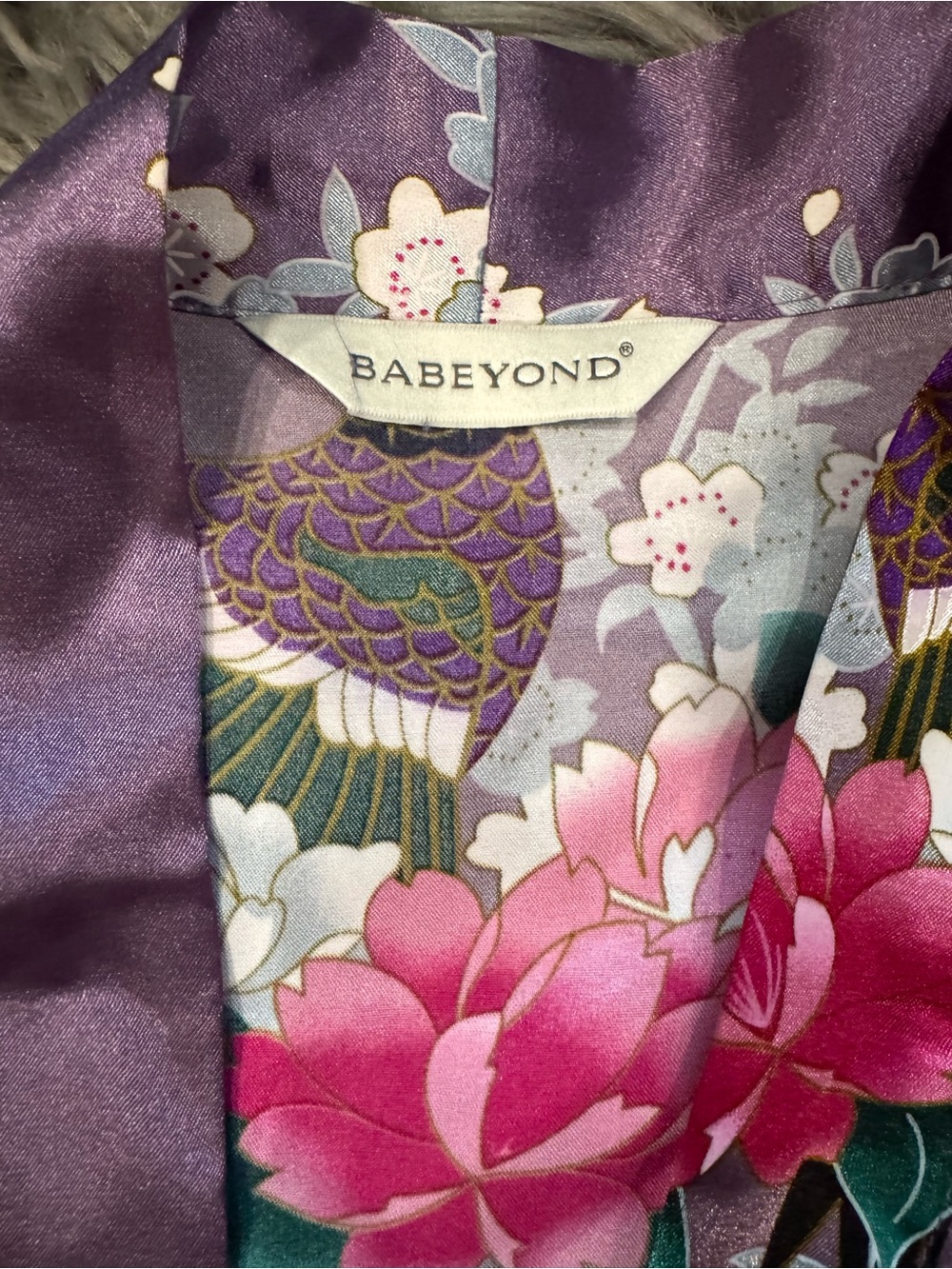 EUC Purple Floral Satin Kimono Robe with Peacocks and Flowers - Picture 8 of 9